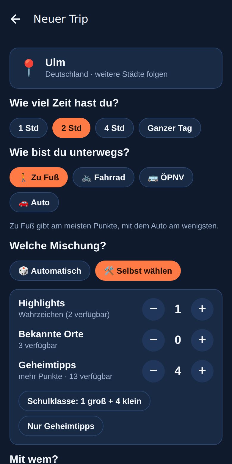 Zeit, Fortbewegung und Mischung wählen